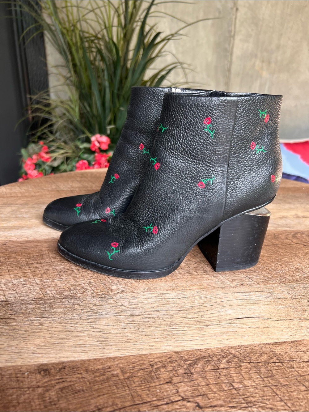 Alexander McQueen Black Leather Ankle Boots with Red Rose Motif